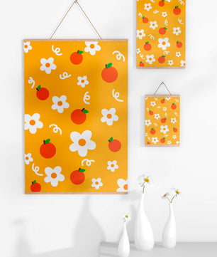 Playful floral and fruity pattern on a vibrant yellow background