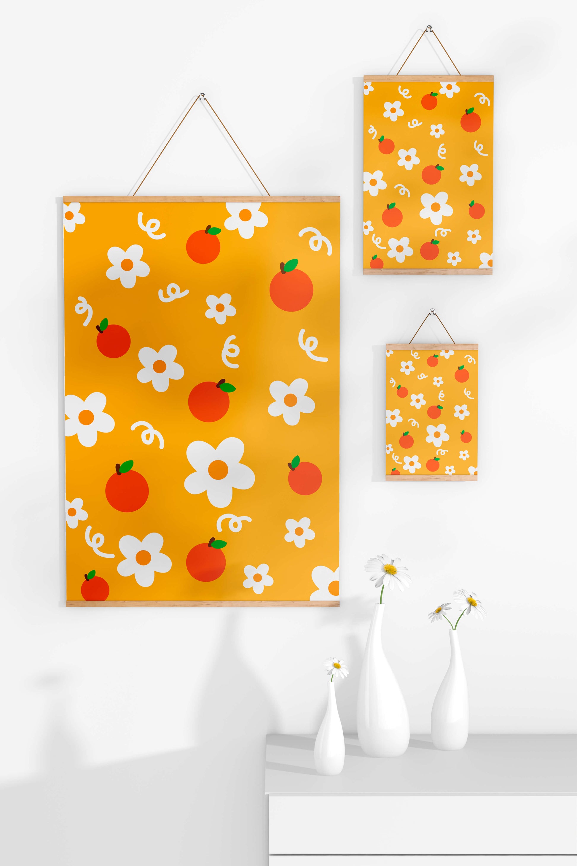 Playful floral and fruity pattern on a vibrant yellow background