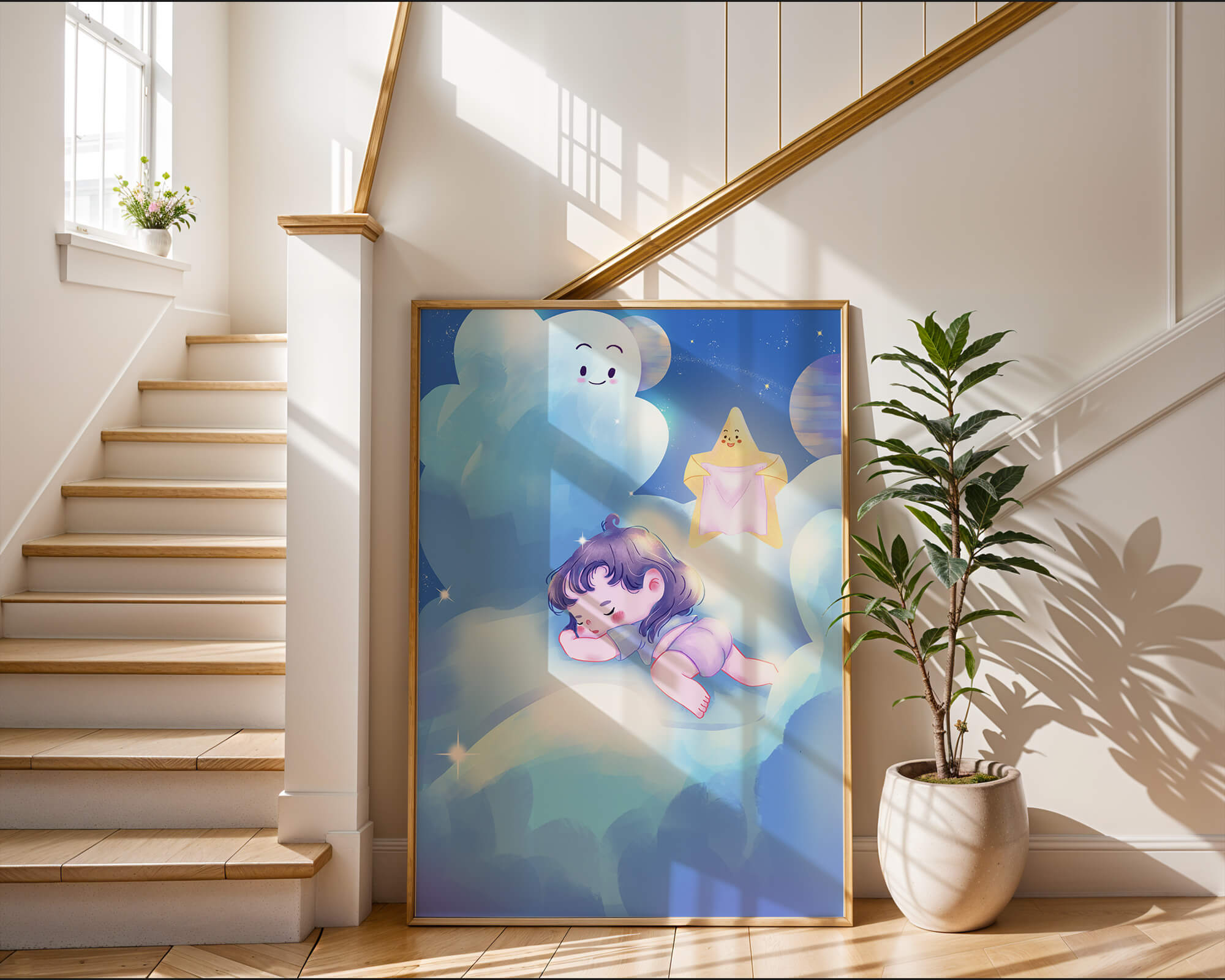 Dreamy illustration of sleeping child on clouds with smiling cloud and star
