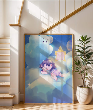 Dreamy illustration of sleeping child on clouds with smiling cloud and star