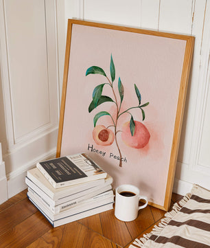Watercolor Illustration of Honey Peach with Leaves on Light Background - Mi tienda