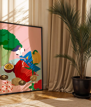 Ilustración de una mujer rodeada de vegetales y frutas vibrantes