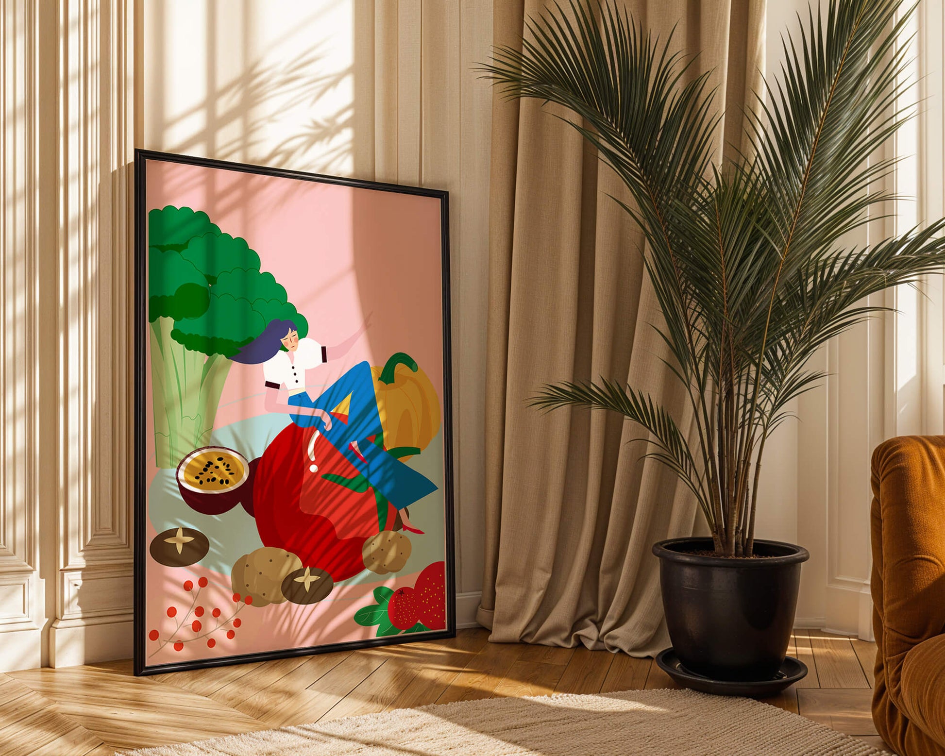 Ilustración de una mujer rodeada de verduras y frutas vibrantes.