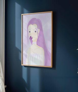Ilustración de una mujer con cabello morado y mariposas
