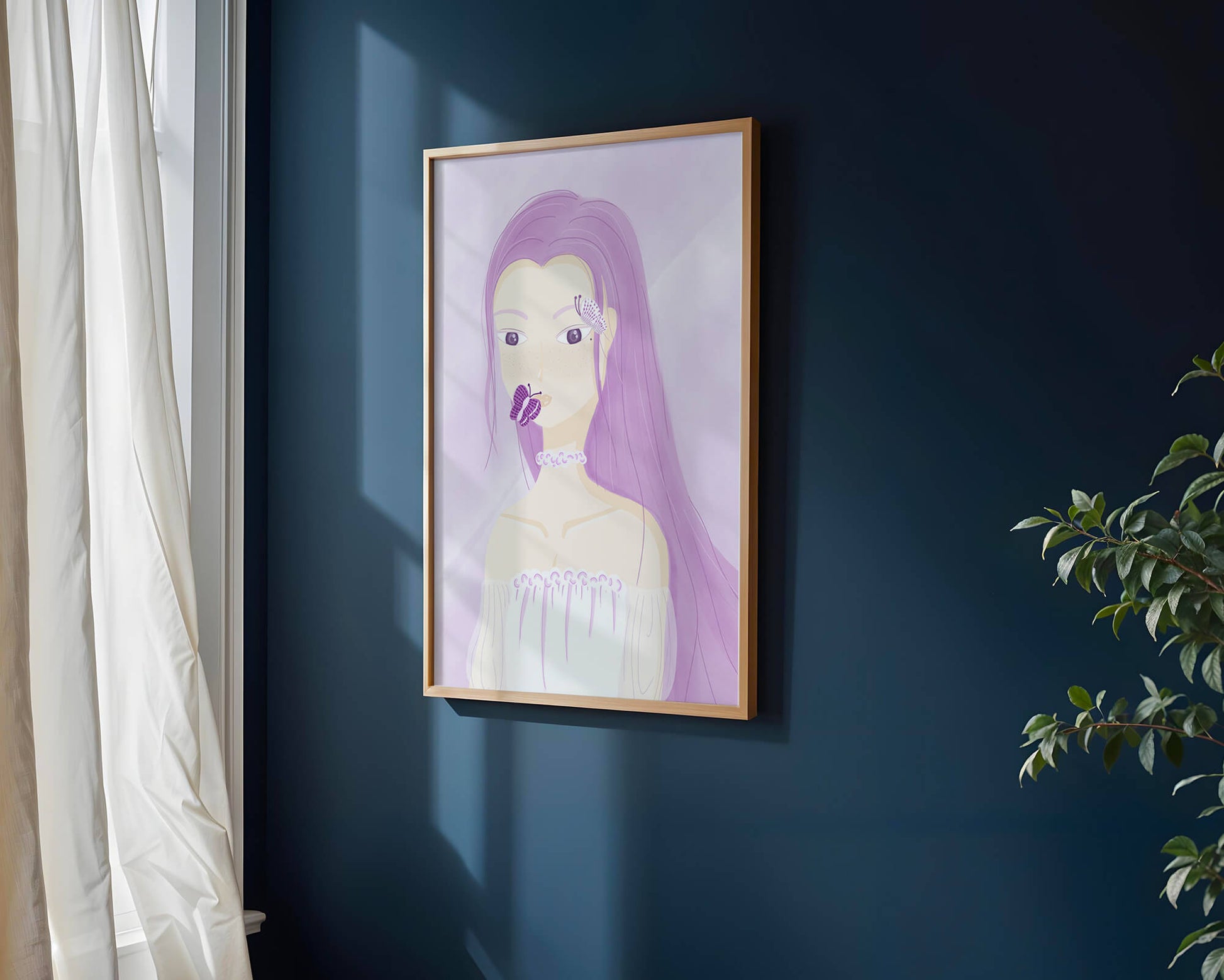 Illustration of a woman with purple hair and butterflies