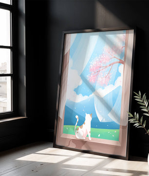 Serene scene with cat gazing out at cherry blossoms through window