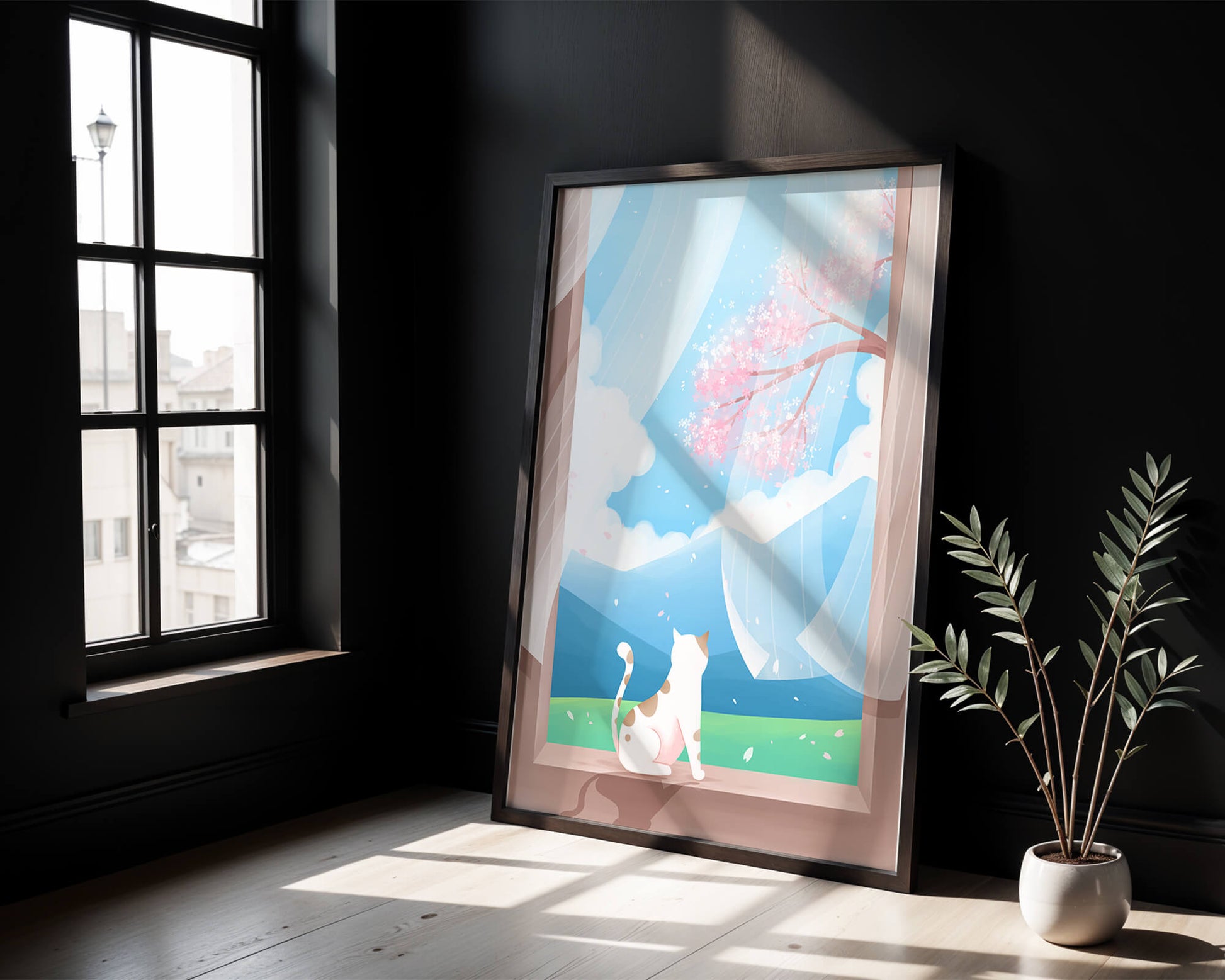 Serene scene with cat gazing out at cherry blossoms through window