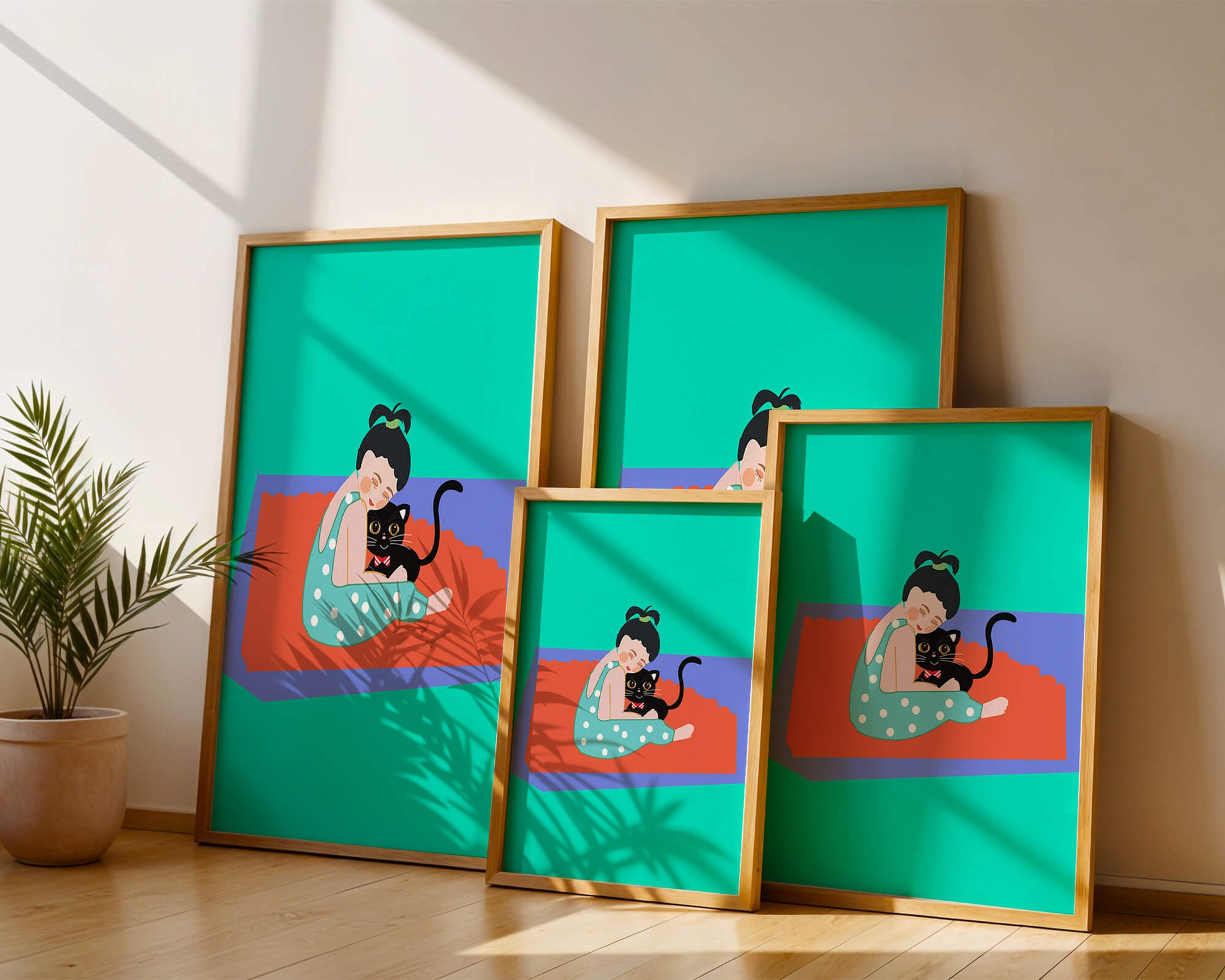 Gemütliche Illustration eines Mädchens, das eine Katze auf einer bunten Matte umarmt
