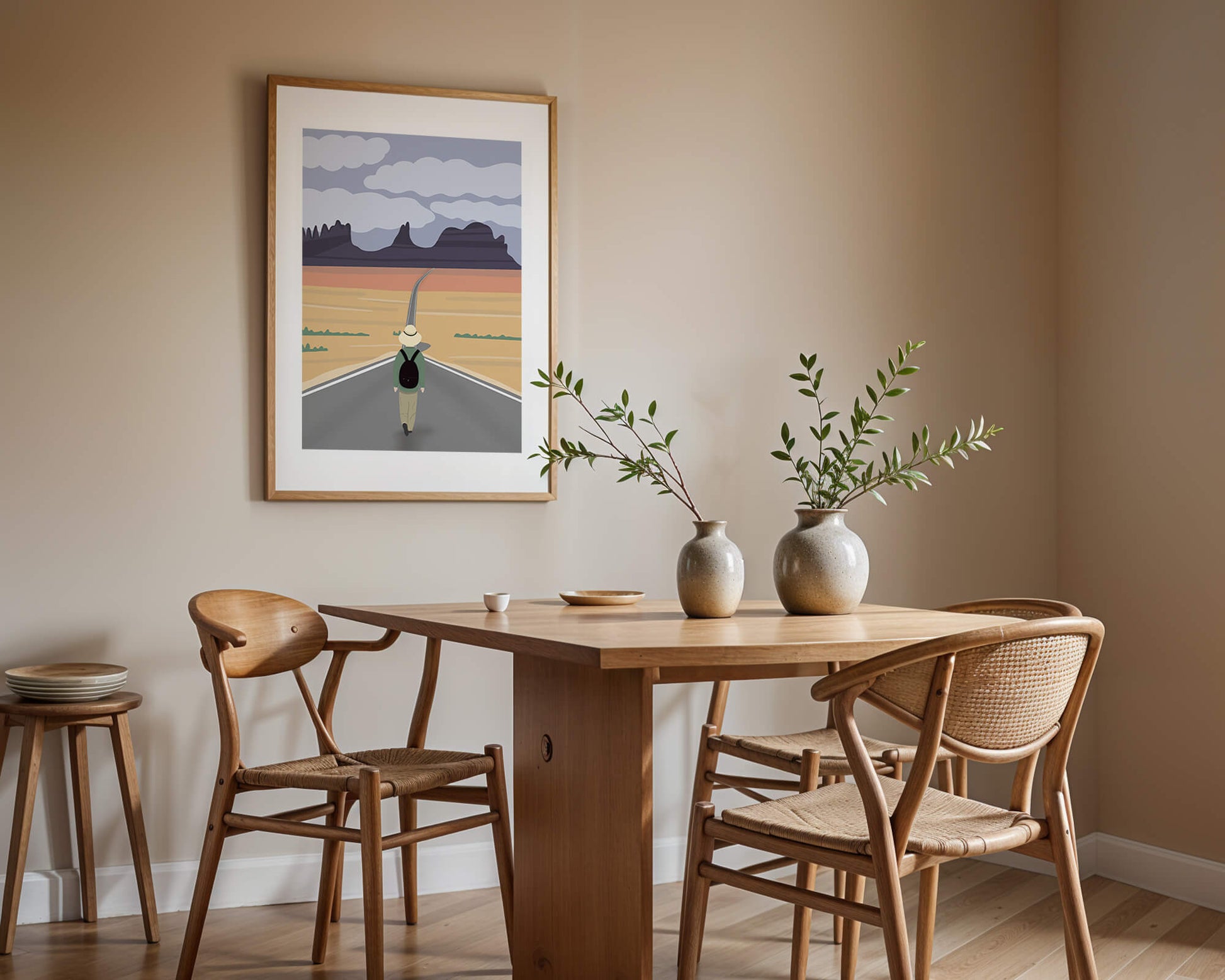 Traveler Walking on Endless Road Toward Mountains