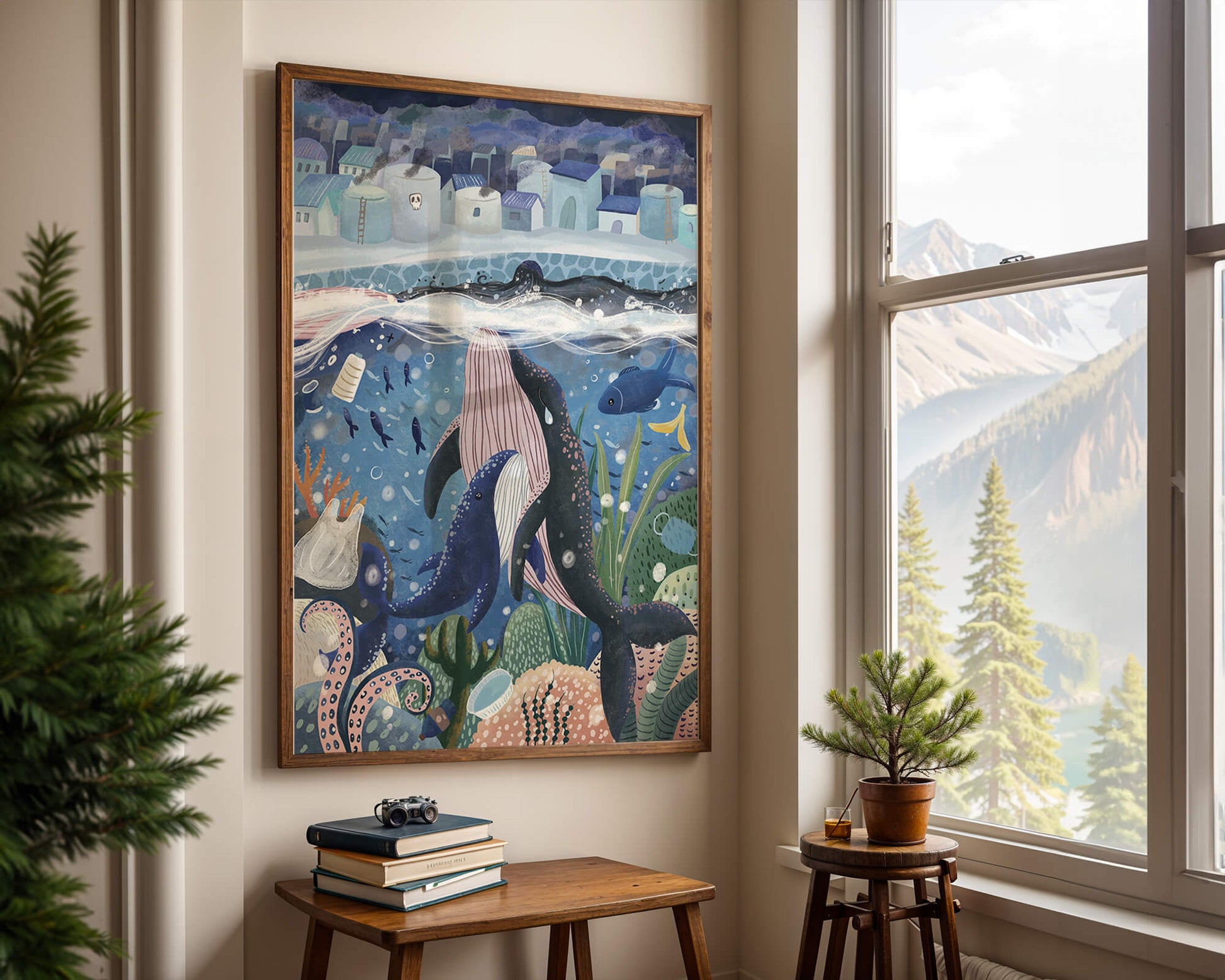 Whimsical Underwater City with Marine Life and Pollution