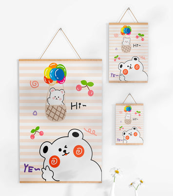 Adorable bears with colorful balloons and cherries on striped background