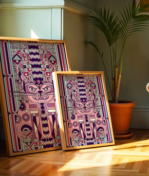 Art de chat géométrique coloré avec motifs abstraits en tons pastel