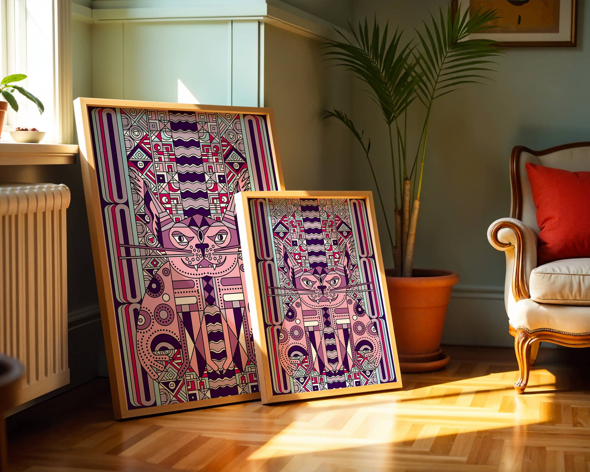 Art de chat géométrique coloré avec motifs abstraits en tons pastel