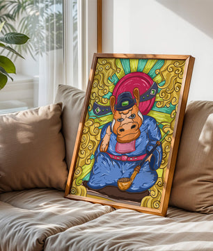 Ilustración colorida de un personaje animal caprichoso con alrededores ornamentados