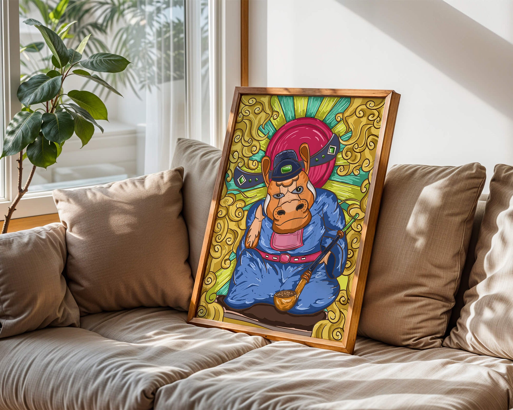 Traducción al español: Ilustración colorida de un personaje animal caprichoso con decoraciones ornamentadas a su alrededor.
