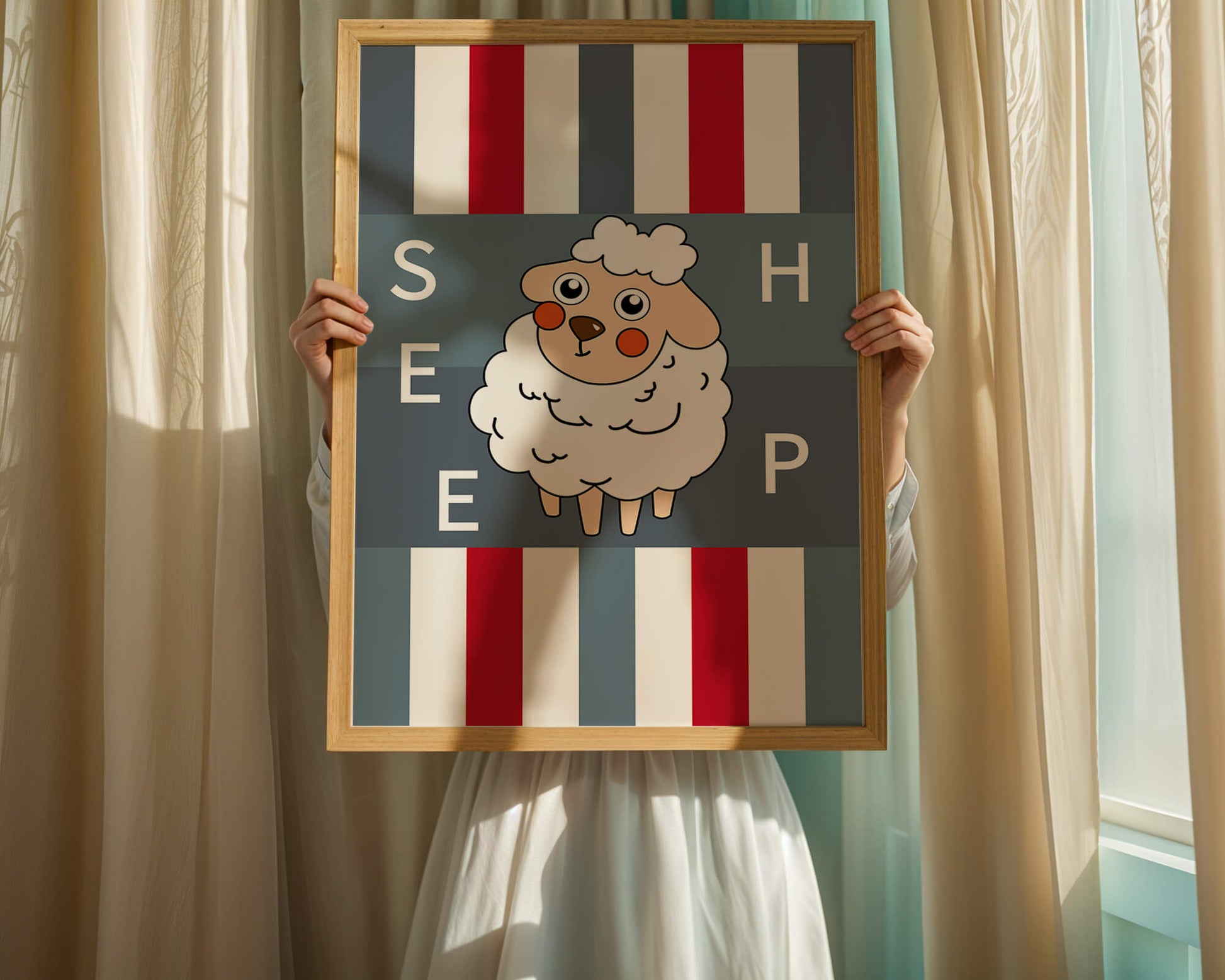 Playful sheep illustration on striped background