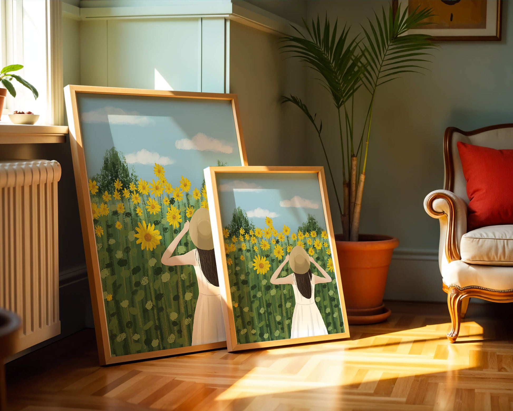 Mujer con vestido blanco admirando un campo de girasoles