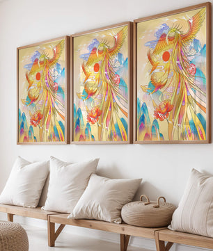Colorful phoenix soaring in a dreamlike sky with vibrant flowers and mountains