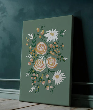 Floral illustration with roses and daisies on green background