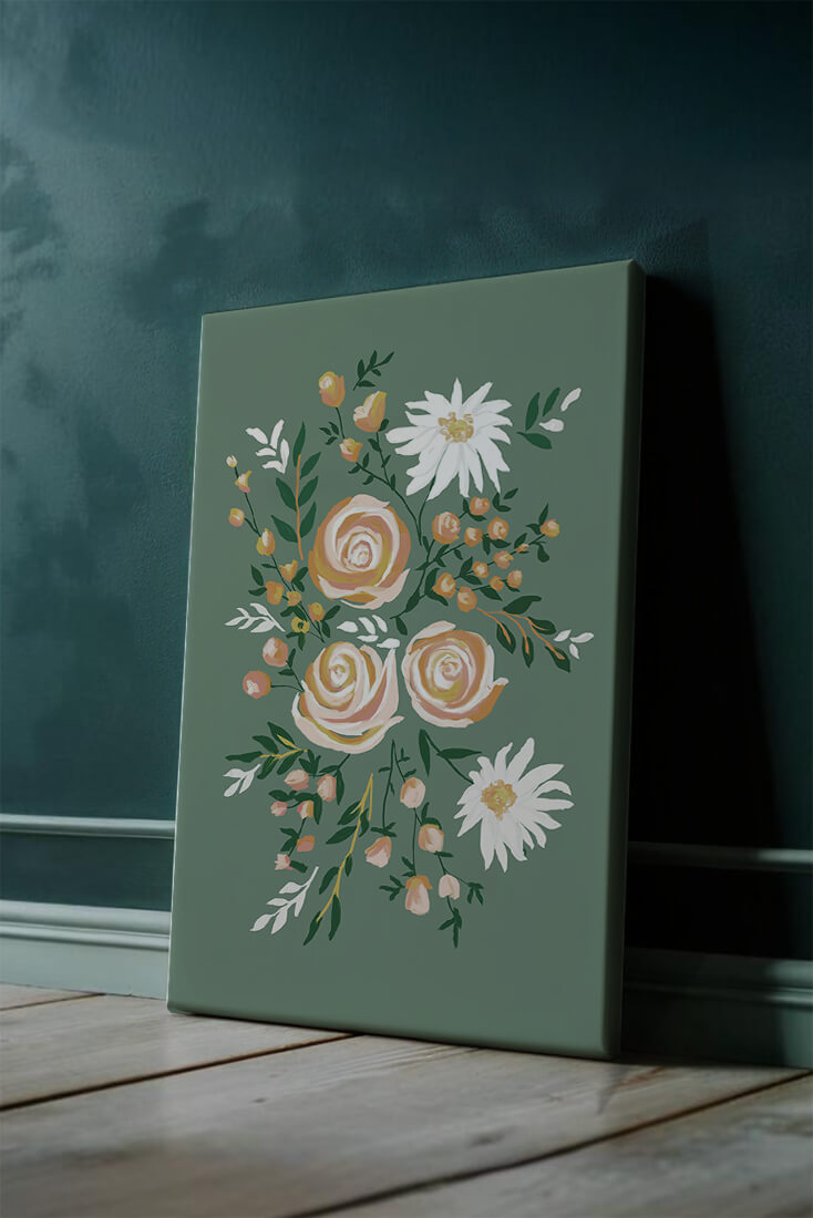 Floral illustration with roses and daisies on green background