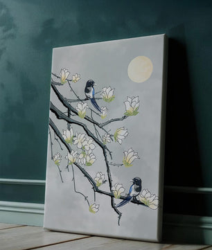 Magpies on Blooming Branches under Full Moon
