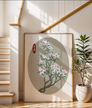 Obra floral delicada con magnolias en flor en estilo oriental