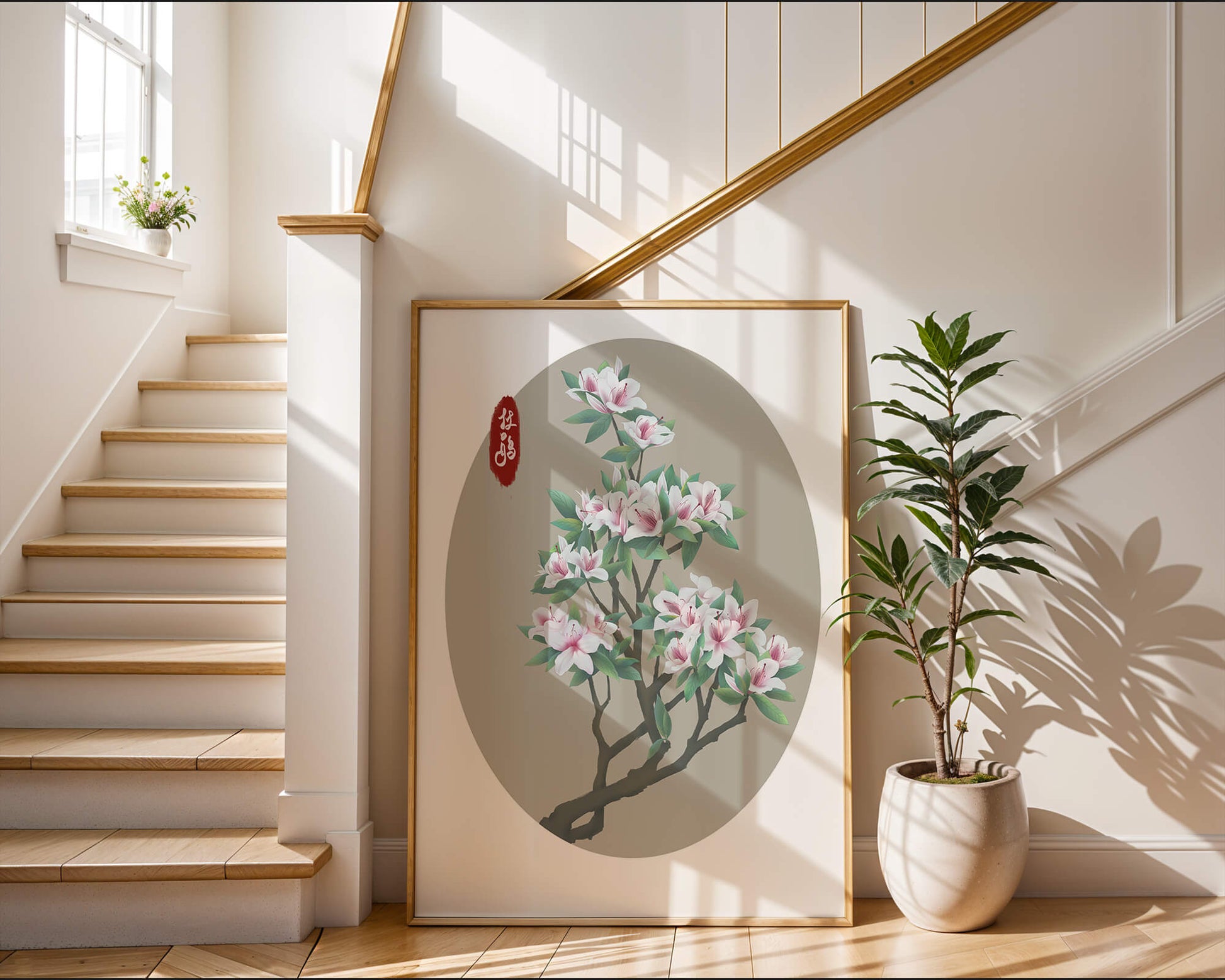 Obra floral delicada con magnolias en flor en estilo oriental