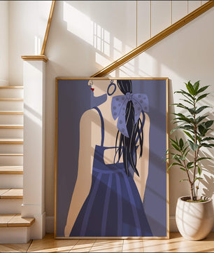 Stilvolle Illustration einer Frau mit gepunkteter Schleife und blauem Kleid