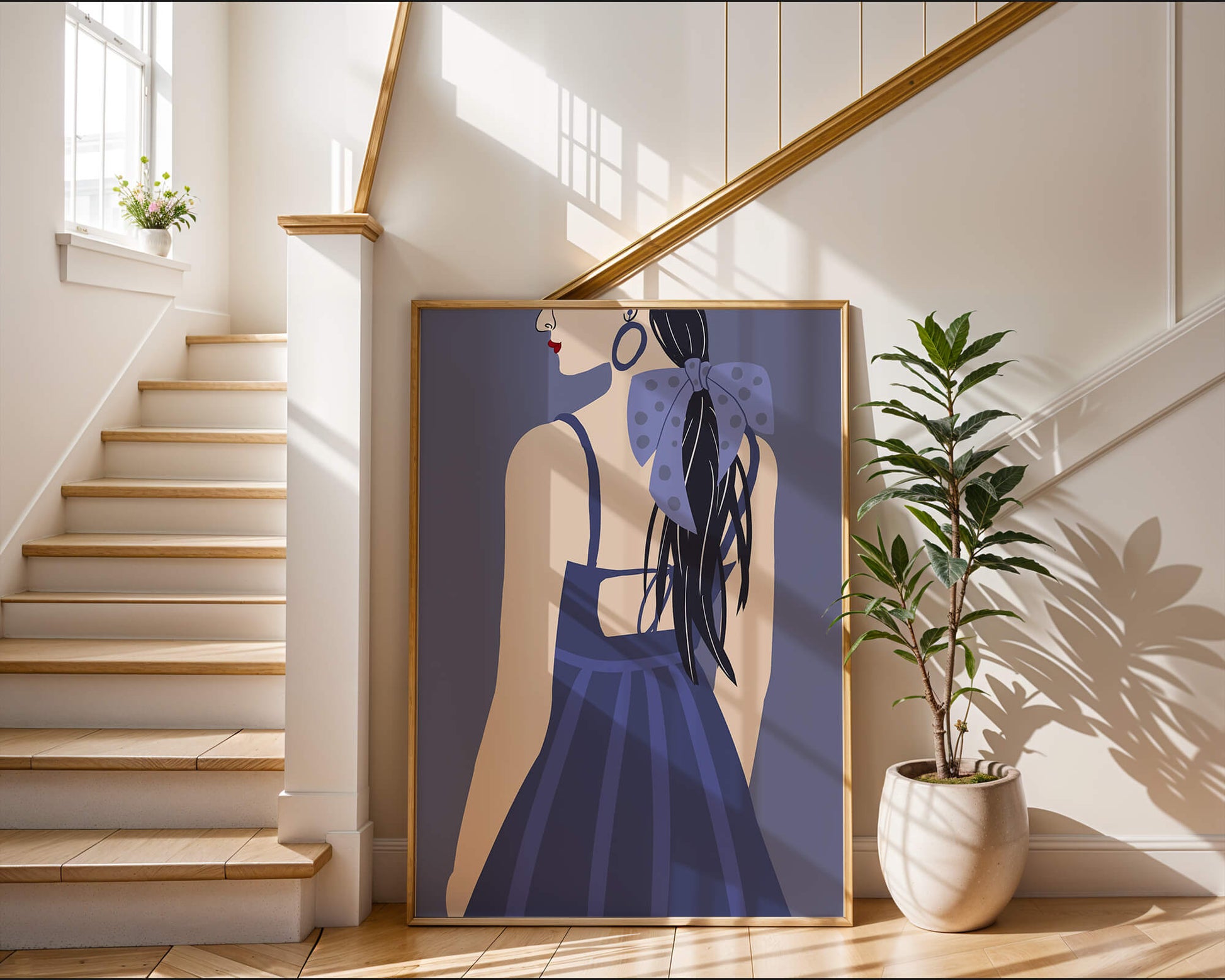 Stilvolle Illustration einer Frau mit gepunkteter Schleife und blauem Kleid