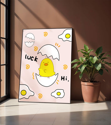 Chick hatching from an egg with cheerful expressions and fried egg motifs