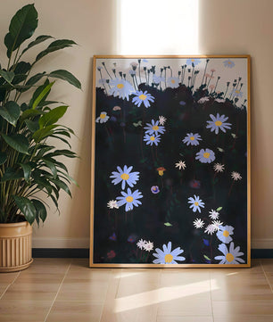 Field Of Blue And White Daisies On A Dark Background