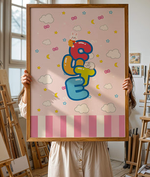 Playful pastel illustration with cute characters and clouds