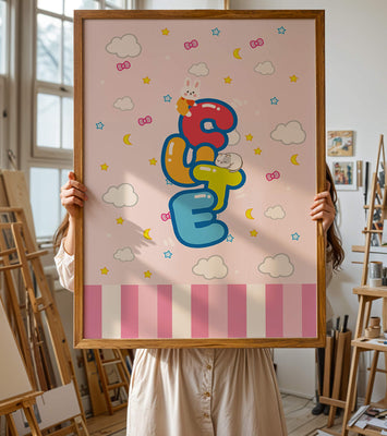 Playful pastel illustration with cute characters and clouds
