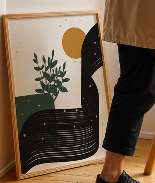L'œuvre d'art abstraite de la nature avec une silhouette de plante et des formes géométriques