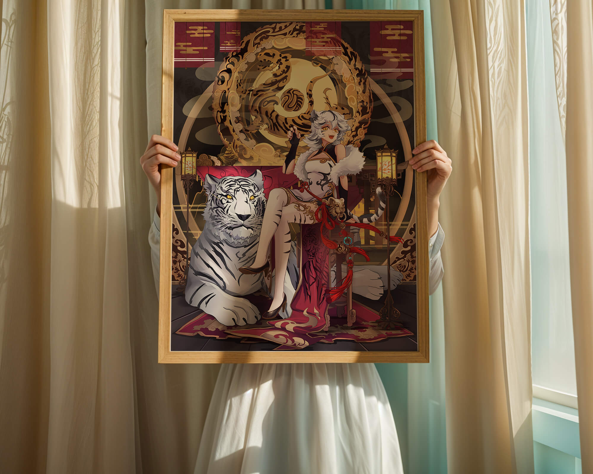Elegant fantasy character with mystical tiger and ornate decor