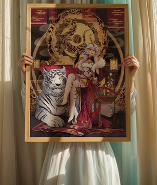 Elegant fantasy character with mystical tiger and ornate decor