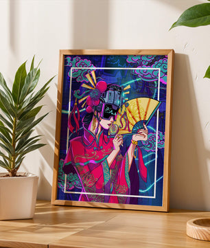 Geisha con traje futurista, elementos de neón y abanico
