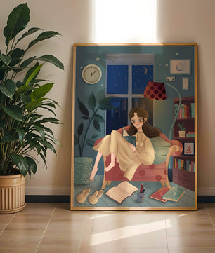 Cozy Nighttime Reading in a Living Room with Moonlit Window