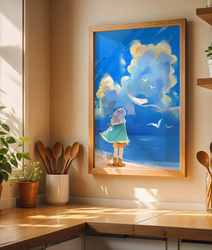 Young person gazing at a vibrant seaside sky with birds flying