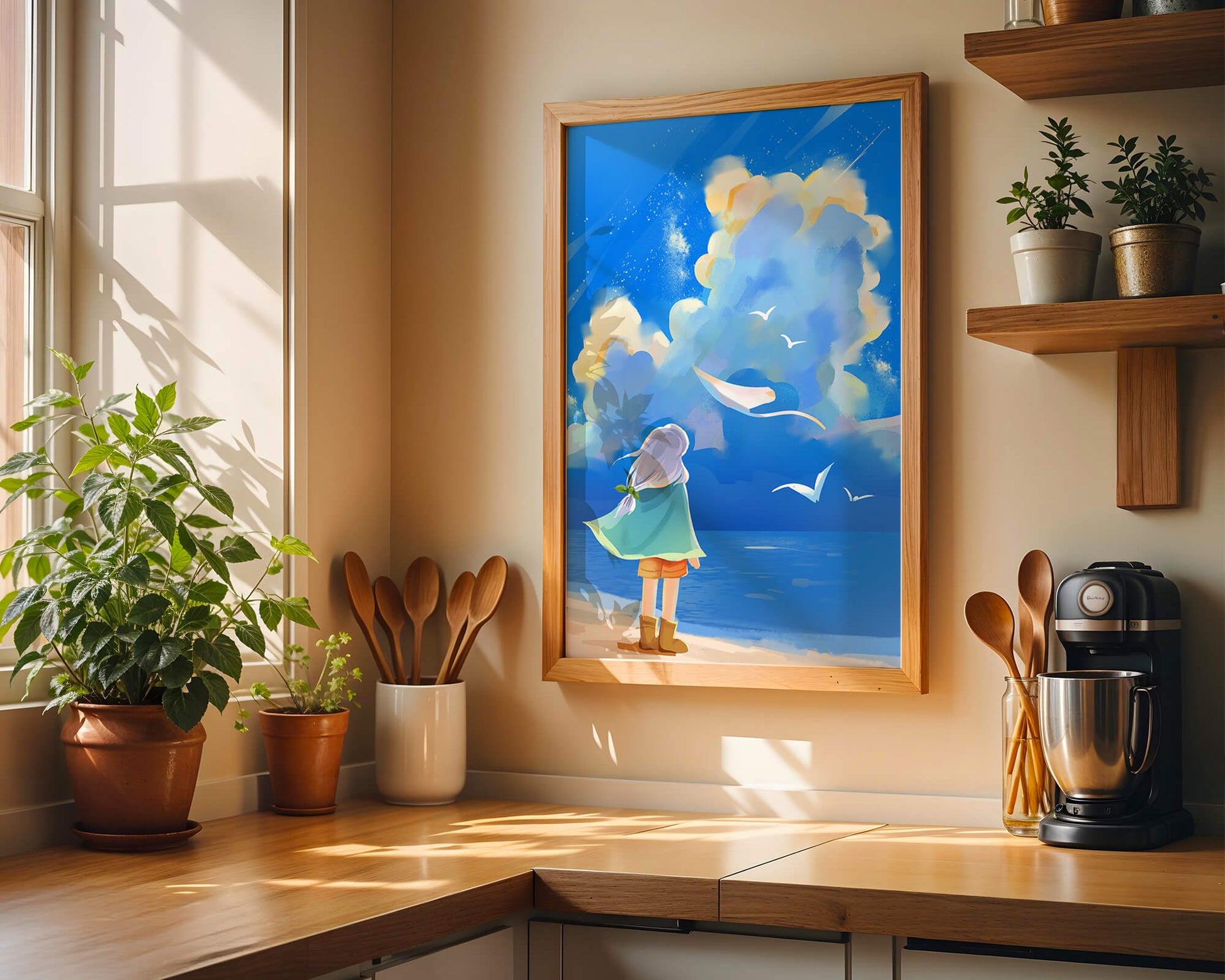 Young person gazing at a vibrant seaside sky with birds flying