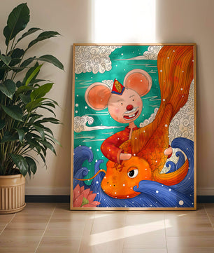 Whimsical illustration of a mouse riding a golden fish in a vibrant fantasy setting