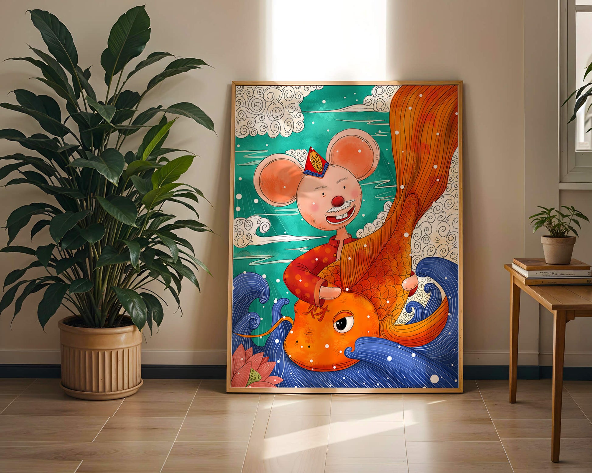 Whimsical illustration of a mouse riding a golden fish in a vibrant fantasy setting