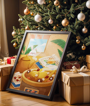 Cozy kitchen scene with cute bunny, teapot, and golden dessert