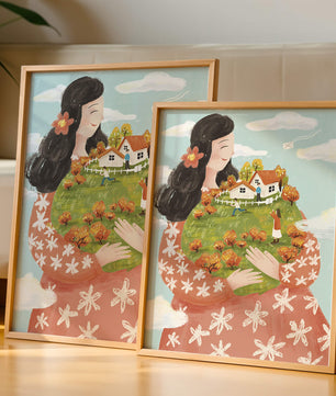 Femme fantaisiste tenant un paysage miniature avec famille et maisons