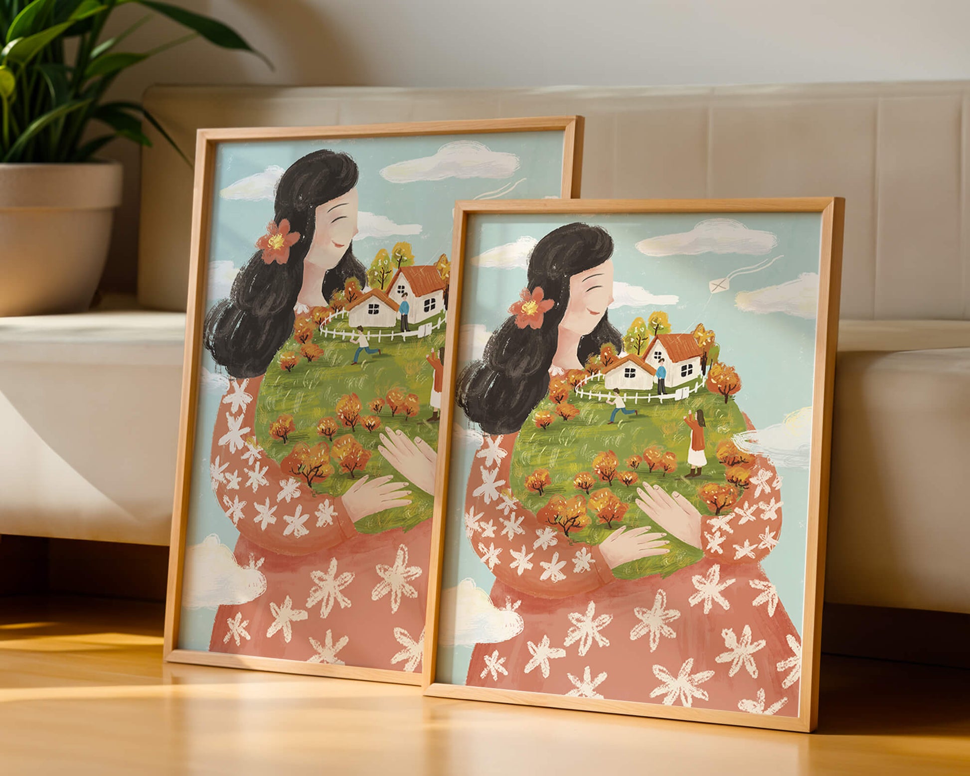 Whimsical Woman Holding Miniature Landscape with Family and Houses