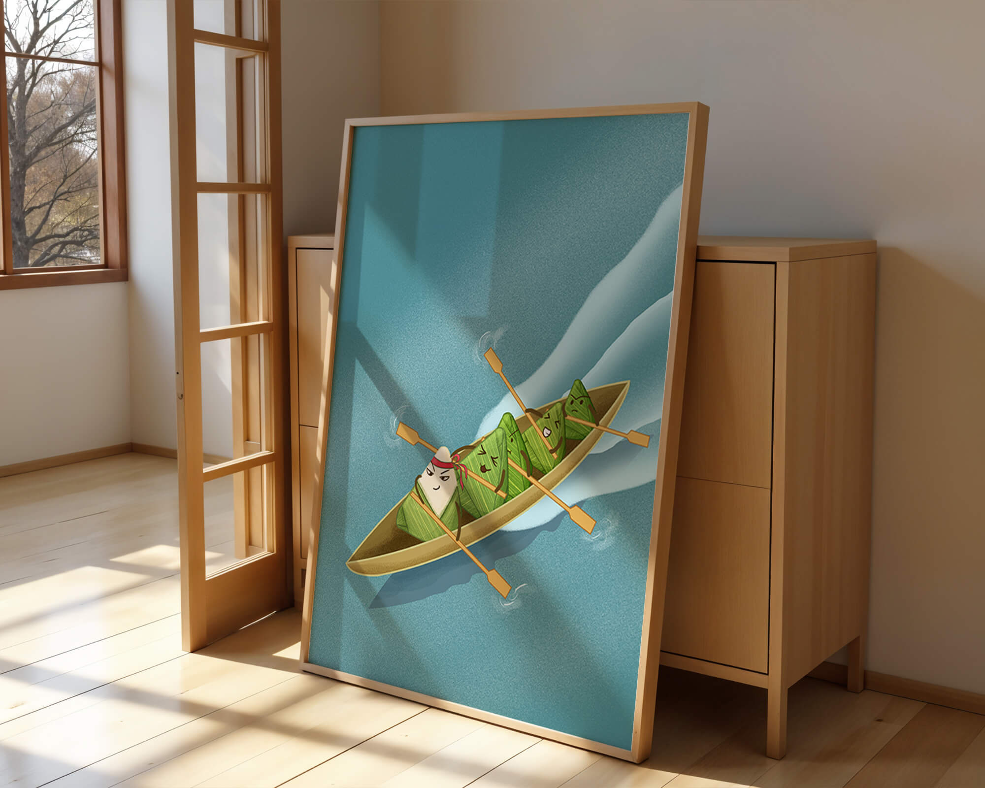 Charming illustration of rice dumplings rowing a boat with expressions