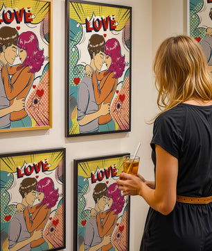 Ilustración de pop art romántico con pareja abrazándose y texto de amor