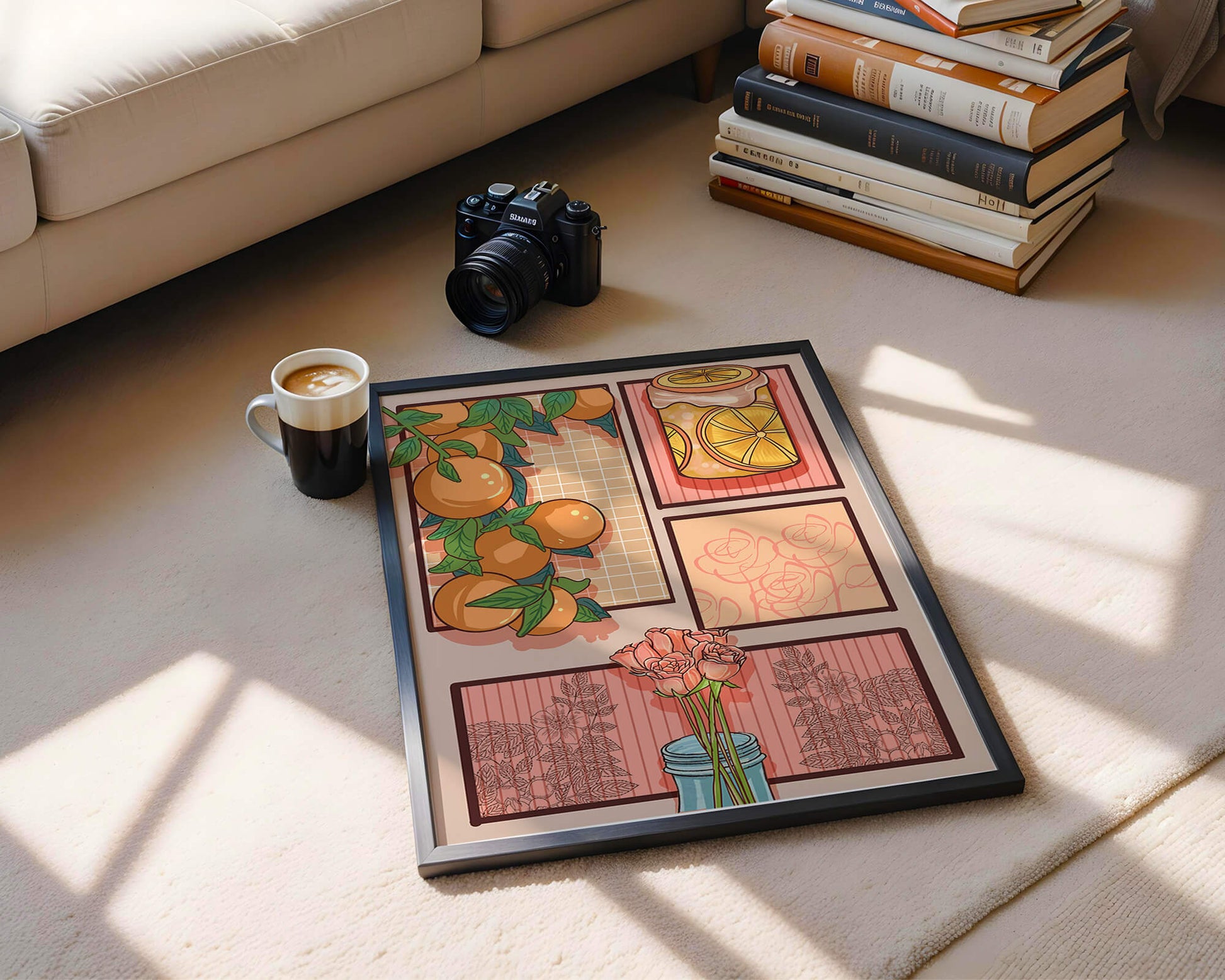 Composición artística con naranjas, frasco de rodajas de limón y rosas sobre fondo geométrico