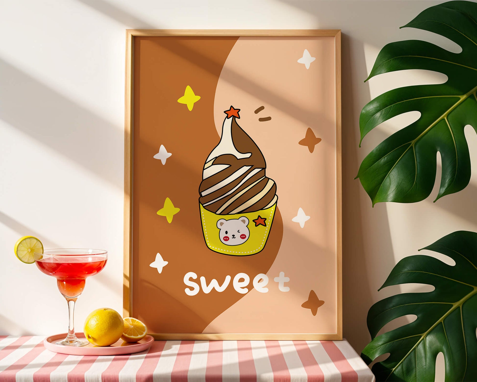 Adorable ice cream design with kawaii bear and colorful background