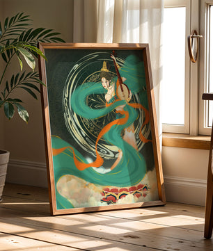 Elegant depiction of traditional musical culture with vibrant flowing ribbons and intricate patterns